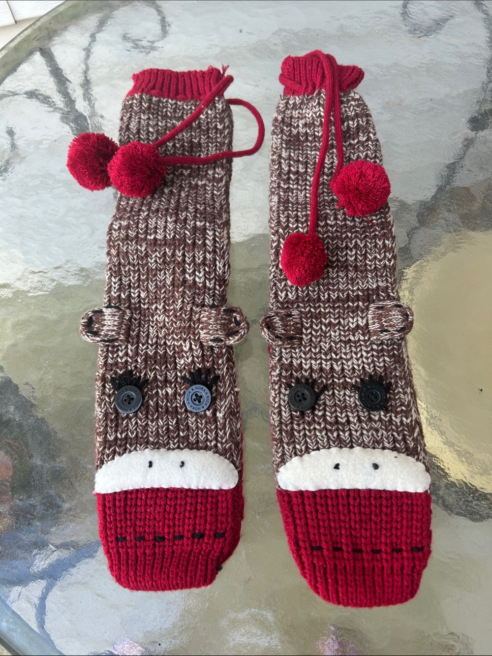 Women’s Red & Brown Knitted Animal Slippers with Pom-Poms